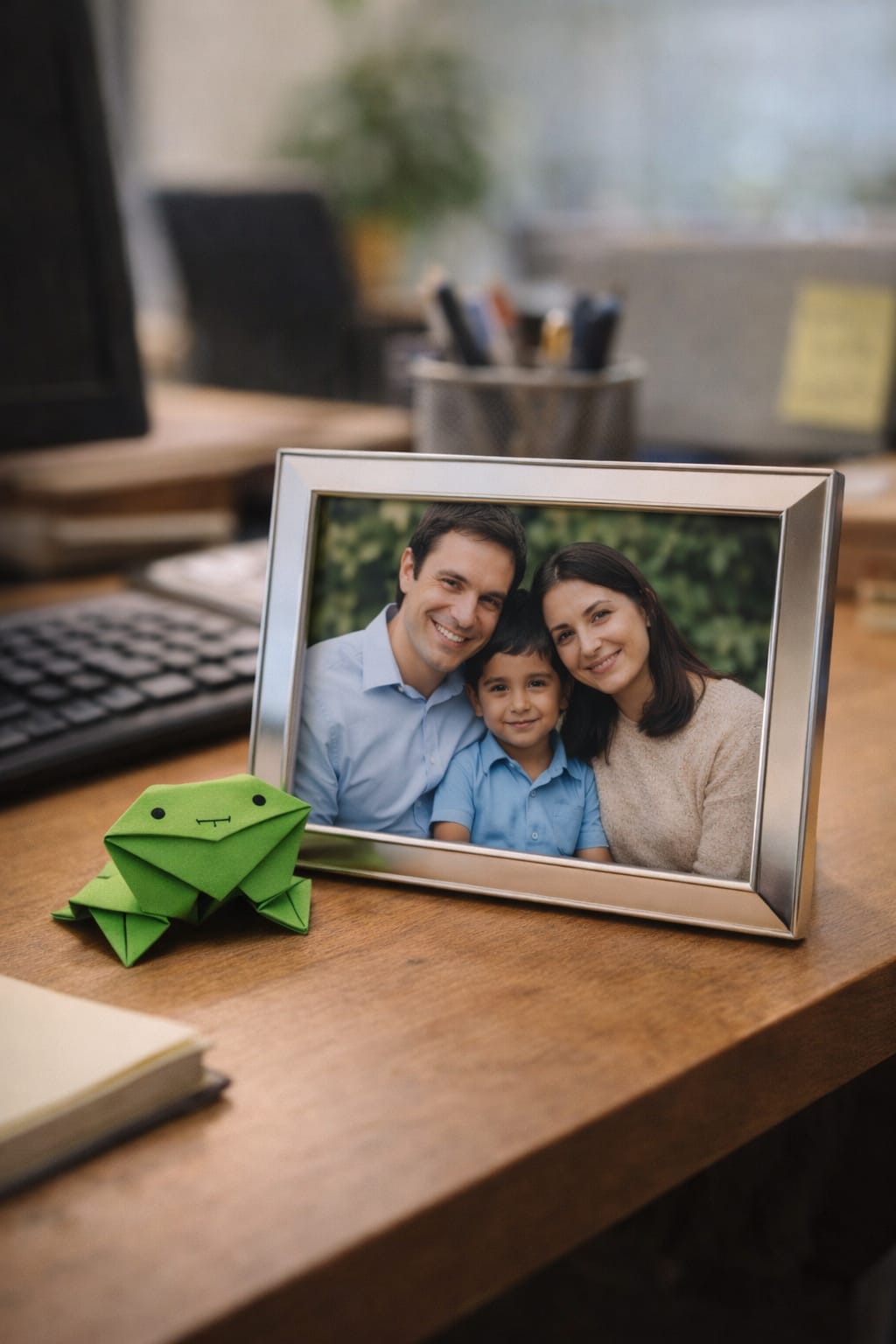 Family photo with origami frog